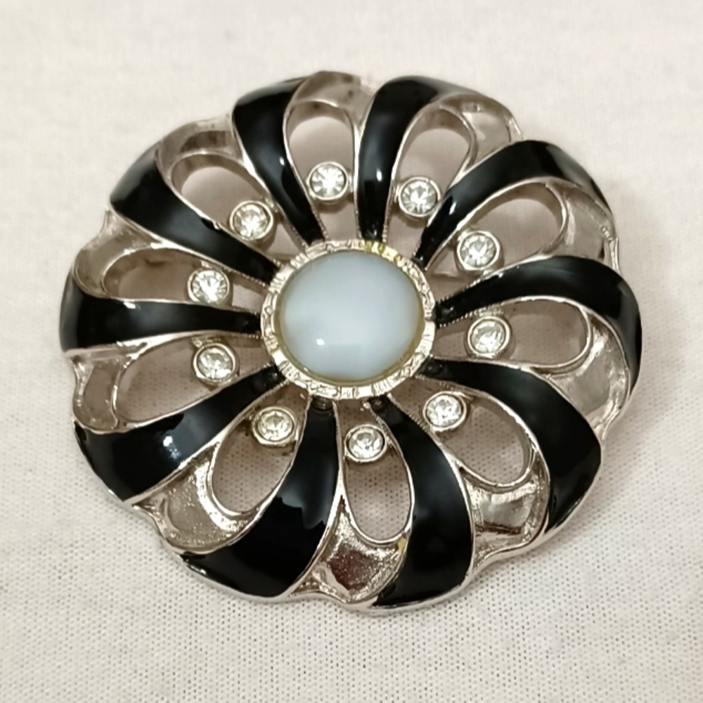 SILVER BLACK ENAMEL RHINESTONS AND BROOCH